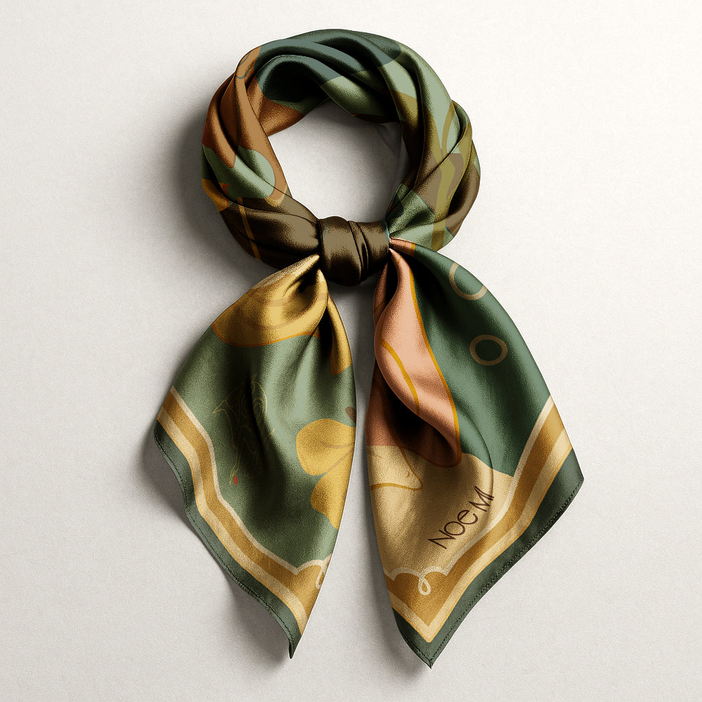 Green and gold patterned luxury art silk twill scarf with 'NOE MI' branding on a light gray background