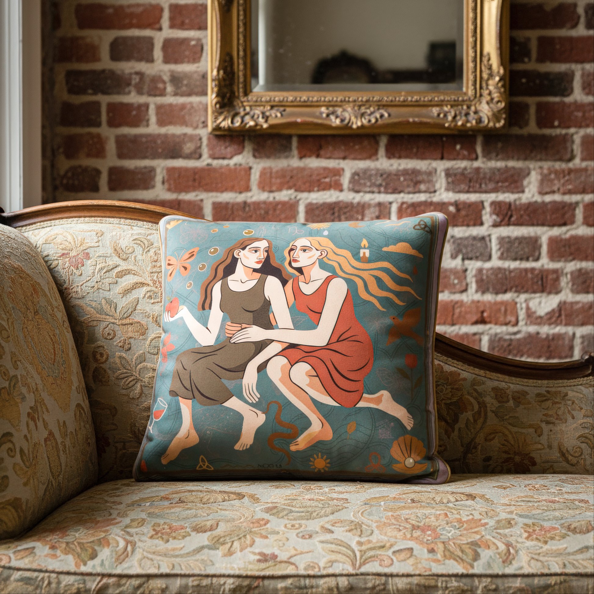 Velvet art cushion with symbolic and figurative illustration – home décor Canada, by NOE MI