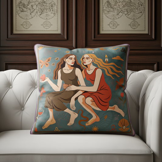 Decorative square art velvet pillow/cushion  with artistic design of two figures on a couch.