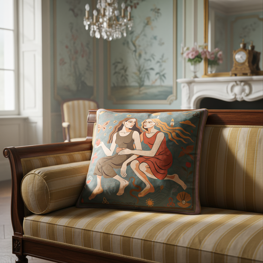 a luxurious Velvet square cushion with figurative and symbolic print – home décor Canada, by NOE MI