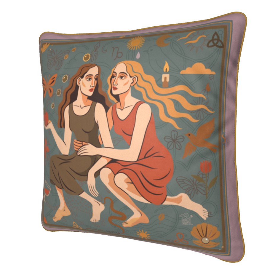 Decorative square art velvet pillow/cushion with an illustration of two women, one holding an apple, on a gray background. Artistic design by NOEMI