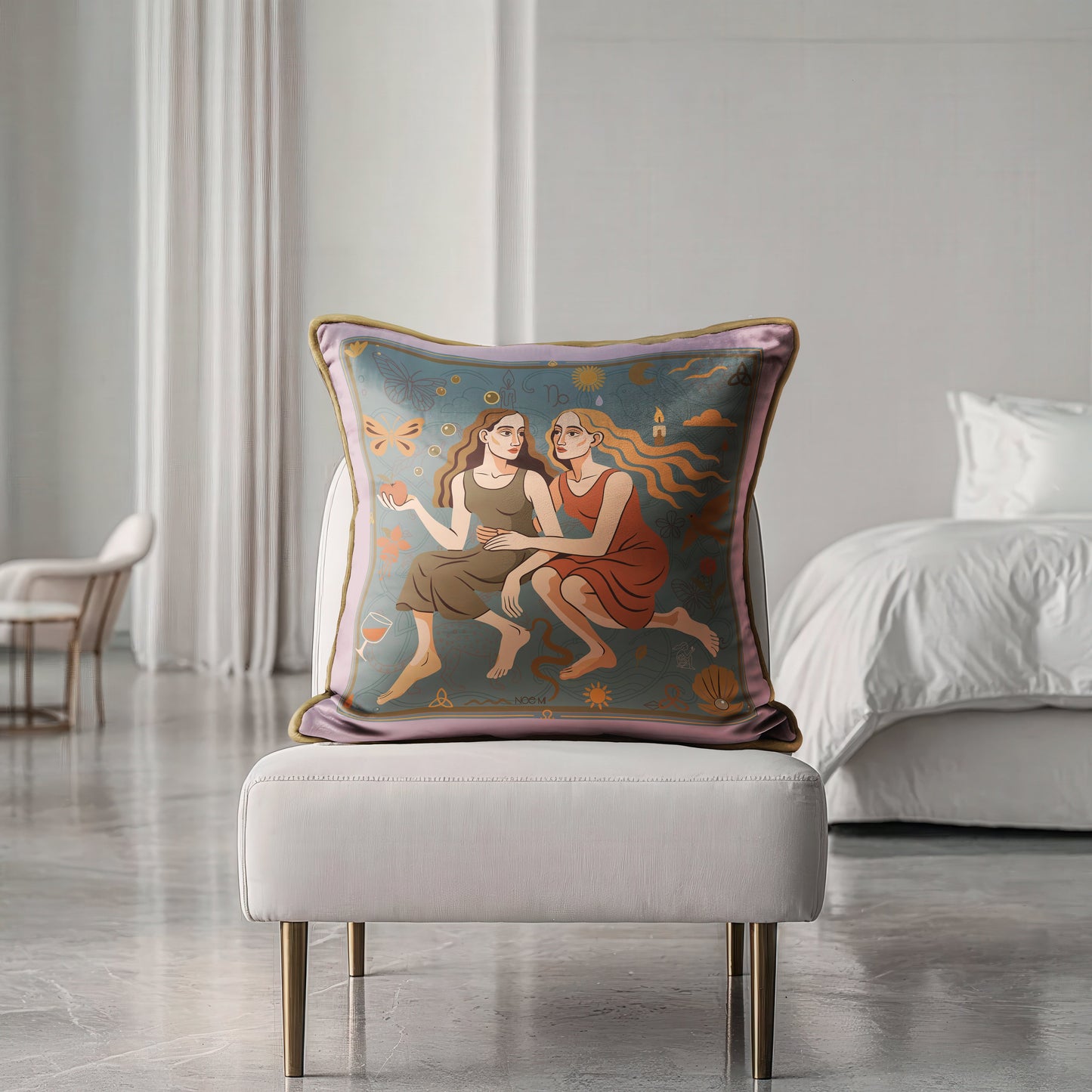 Collectible art pillow with feminine storytelling and nature motifs, decorative cushion Europe by NOE MI