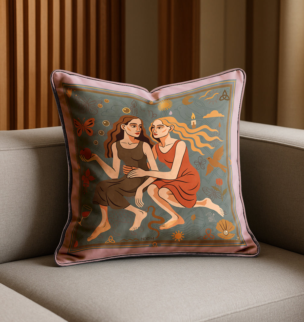 Decorative square art velvet pillow/cushion with artistic design of two figures on a couch.