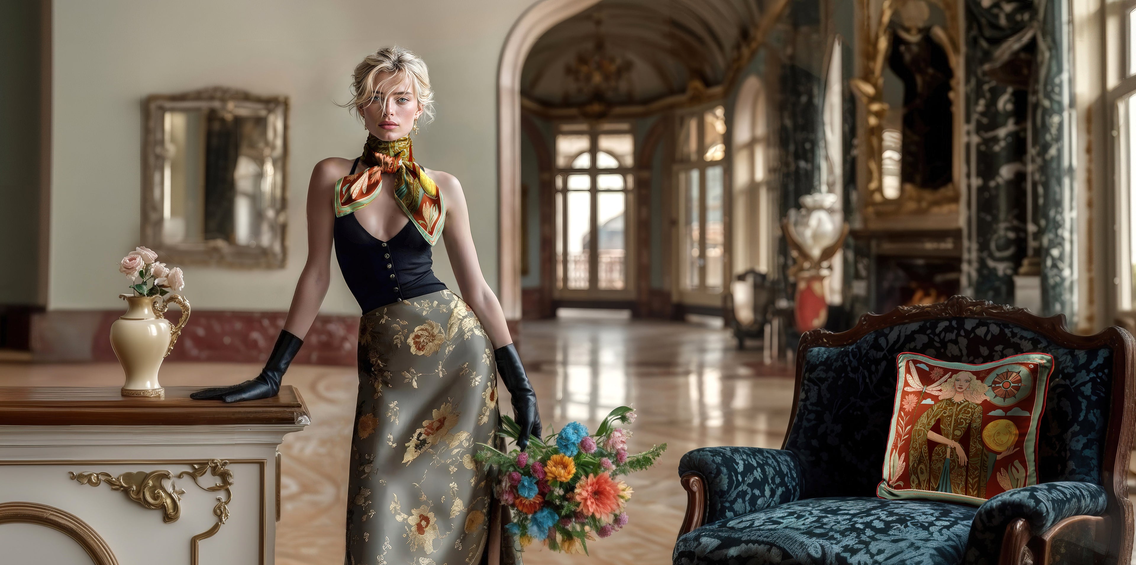Woman in a stylish dress holding flowers in an elegant room with decor wearing NOE MI silk twill scarf