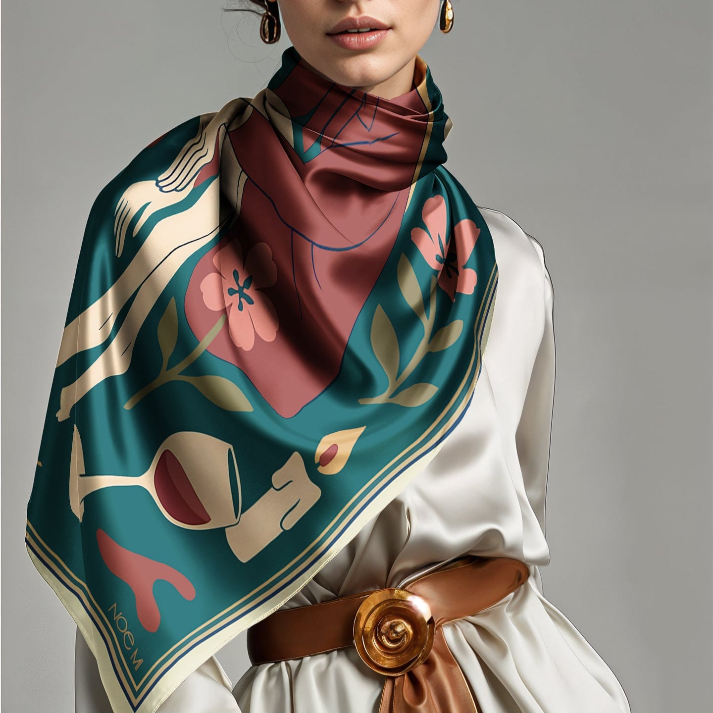 Woman wearing a colorful artistic patterned NOE MI luxury art silk twill scarf in till and dark red