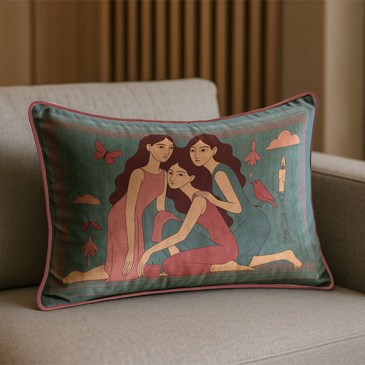 Decorative rectangular art velvet pillow/cushion  with artistic design of three women on a couch.