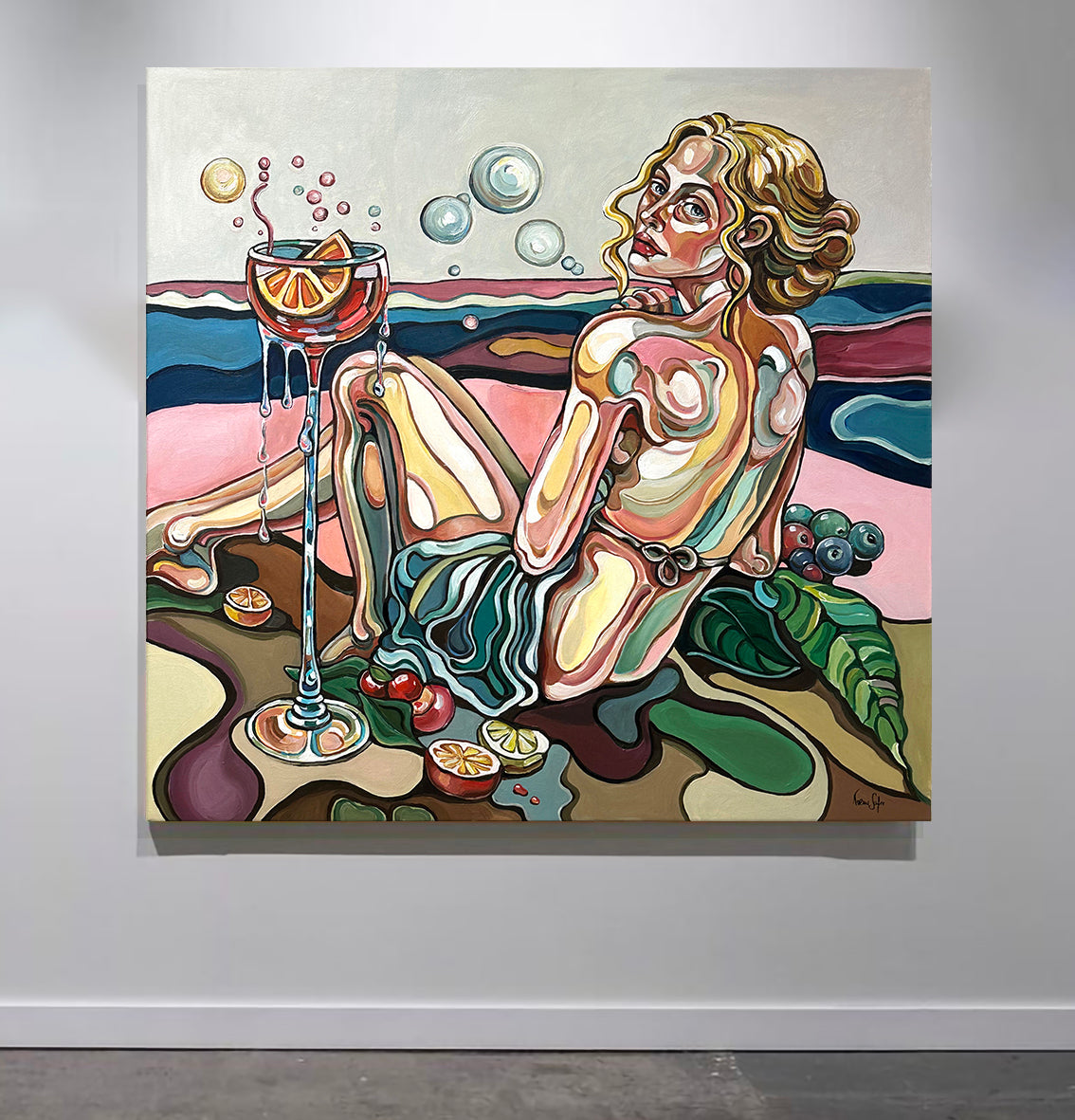 woman figurative artwork by Noemi Safir showing a reclining feminine figure, symbolic still life, lush leaves, and expressive acrylic linework
