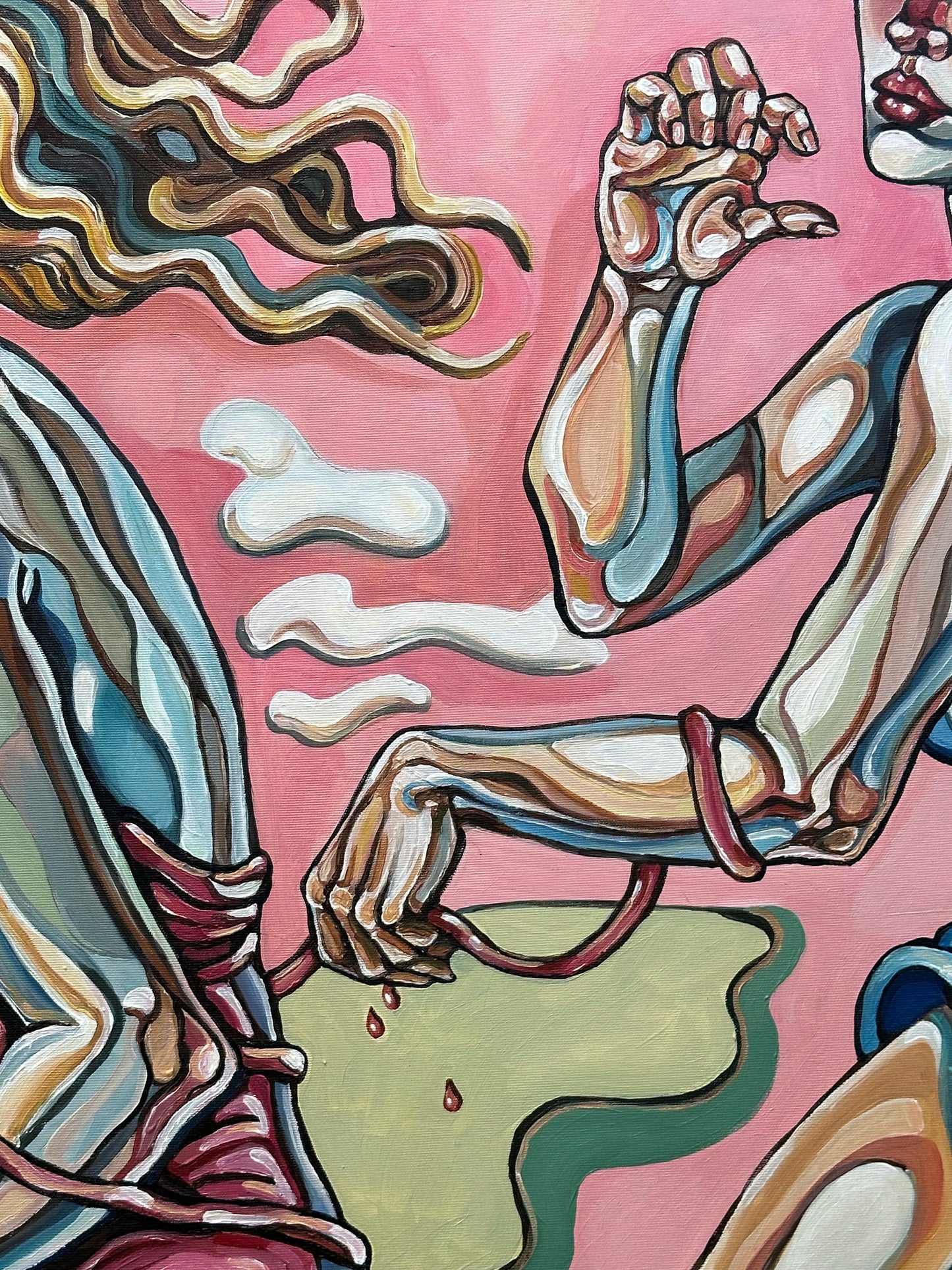 Noemi Safir large square original painting The Apple, the Ladder, and the Illusion, featuring expressive female figures, flowing hair, bold pink color, and symbolic objects that suggest desire and transformation.