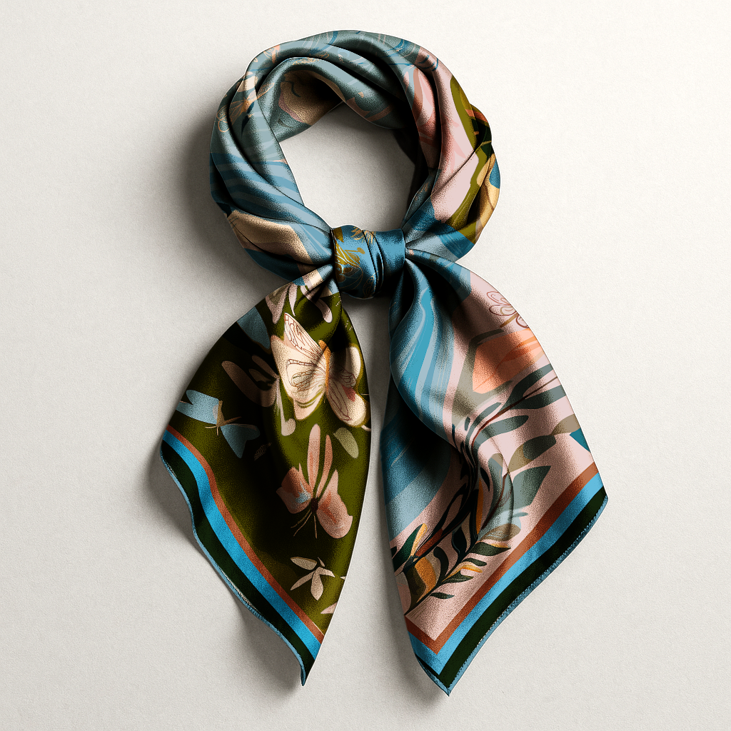 The NOE MI brand signature is discreetly integrated into the artwork, confirming the designer origin and collectible value of the piece, printedon a unique collectible silk scarf