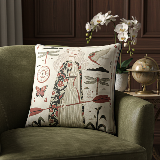 NOE MI's Red Arrow Square Cushion features an empowering illustration of a graceful woman holding a symbolic red arrow, making it a bold artistic statement for interiors with soul.