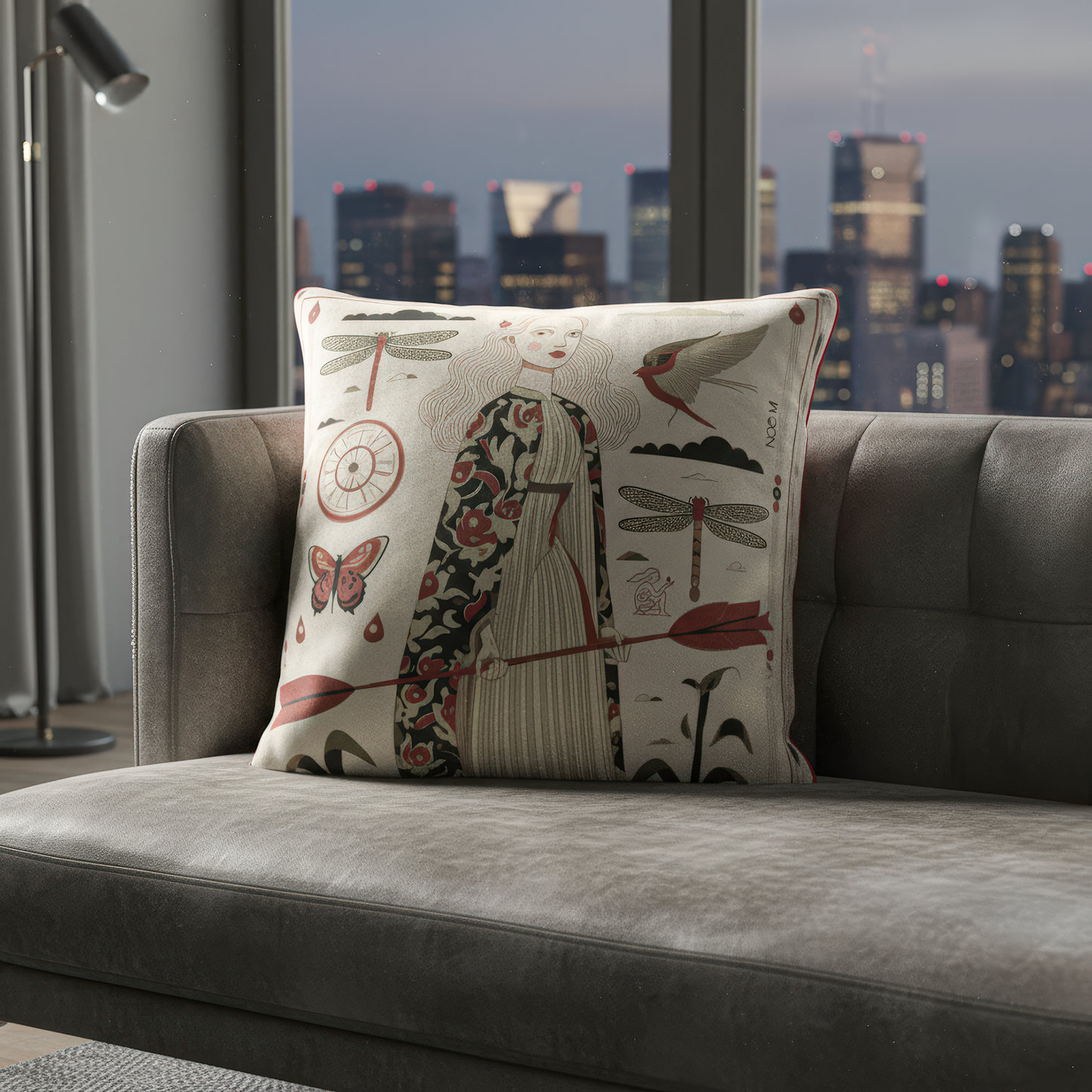 Luxury velvet cushion from the NOE MI collection featuring surreal art with mythic undertones, ideal for styling soulful, narrative-driven interiors.
