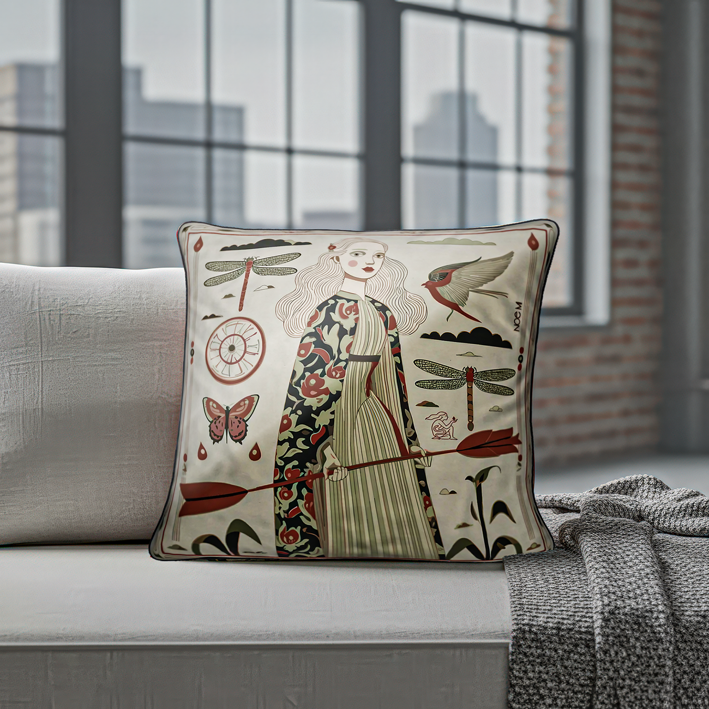 "Red Arrow" square pillow by NOE MI for stylish homes, combining minimalist earth tones with bold storytelling , a perfect balance of strength and elegance.