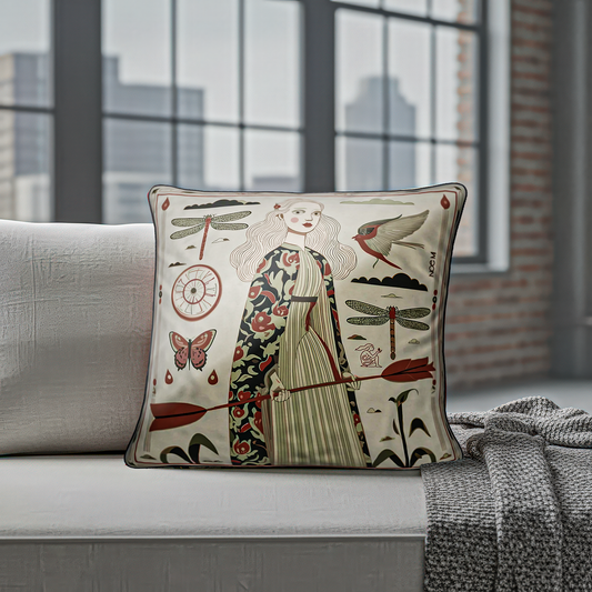 "Red Arrow" square pillow by NOE MI for stylish homes, combining minimalist earth tones with bold storytelling , a perfect balance of strength and elegance.