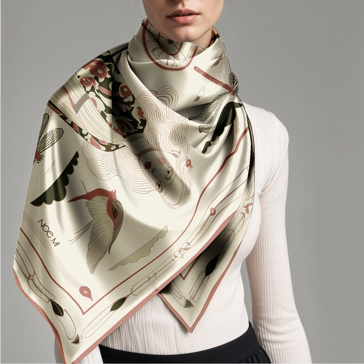 illustrated square silk scarf with dragonflies and flowers, luxury red and cream silk twill scarf by NOE MI