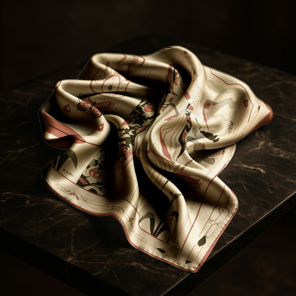Floral artistic patterned silk twill scarf by NOEMI