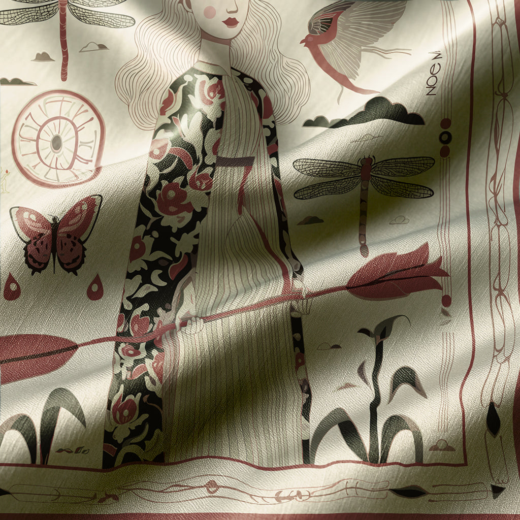 Decorative silk scarf with intricate patterns including birds, butterflies, and floral elements. Designed by NOE MI