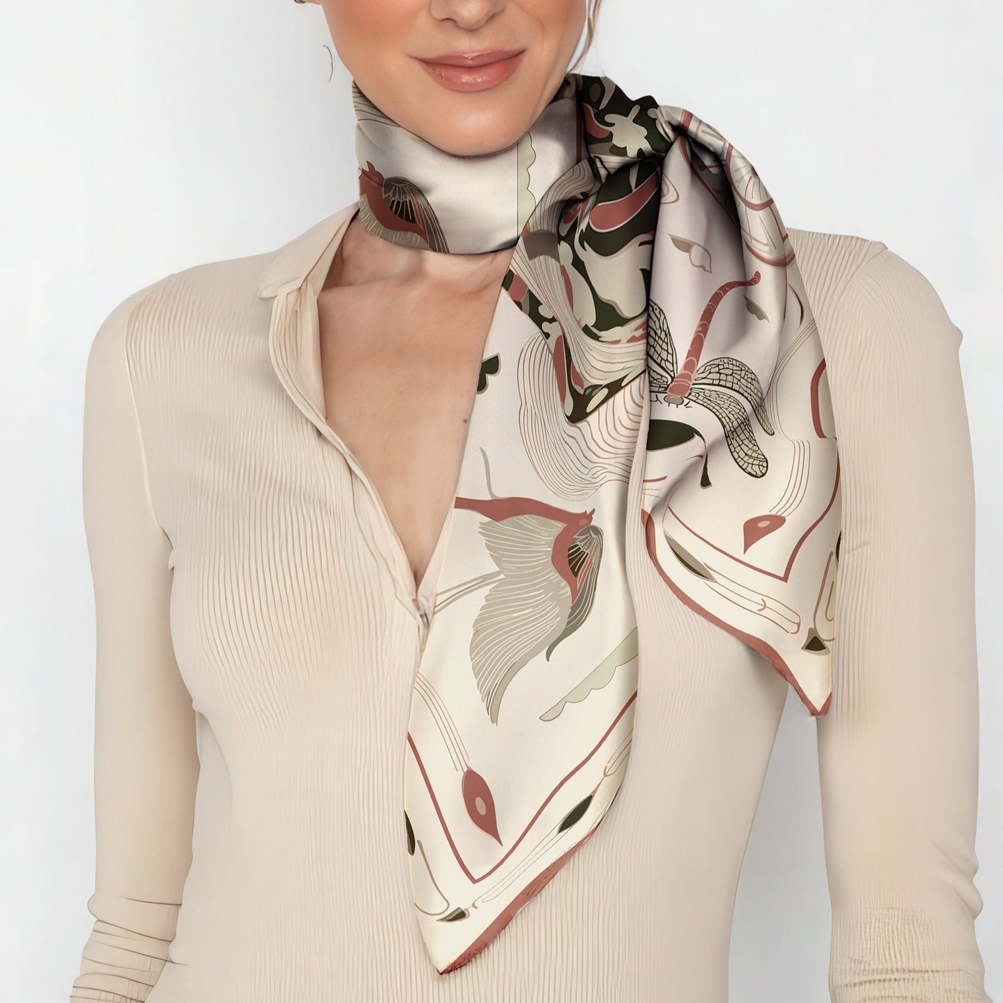 artistic and luxurious silk twill scarf by NOEMI, tones of deep crimson, cream, and black