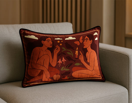 Decorative rectangular luxury velvet pillow/cushion in dark red with artistic design on a beige sofa