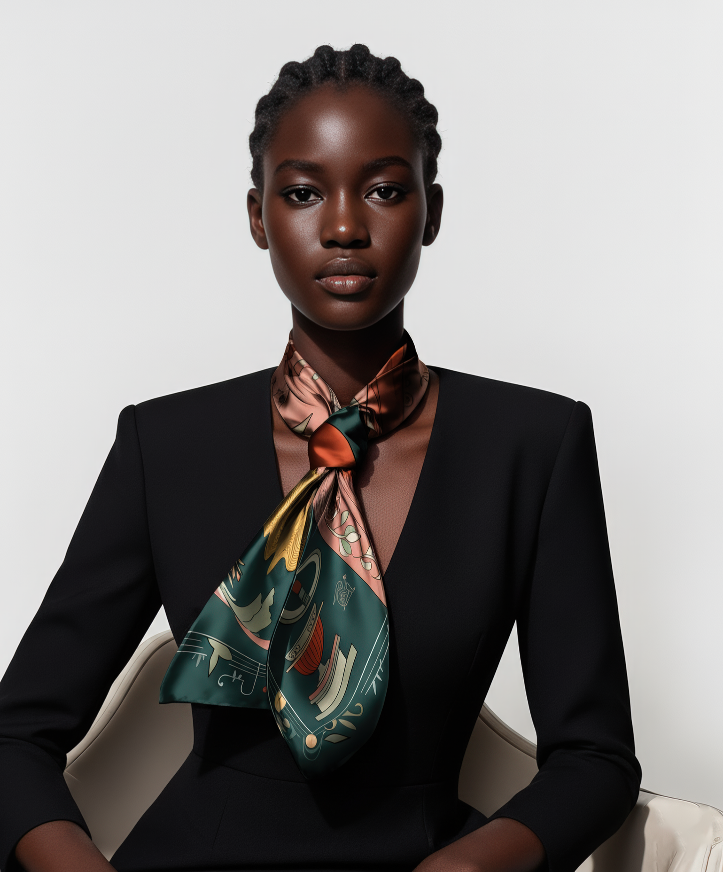 Detail shot of 'Royal Prophecy' silk scarf texture, revealing the high-quality silk twill weave and vibrant, prophecy-inspired design. By NOE MI