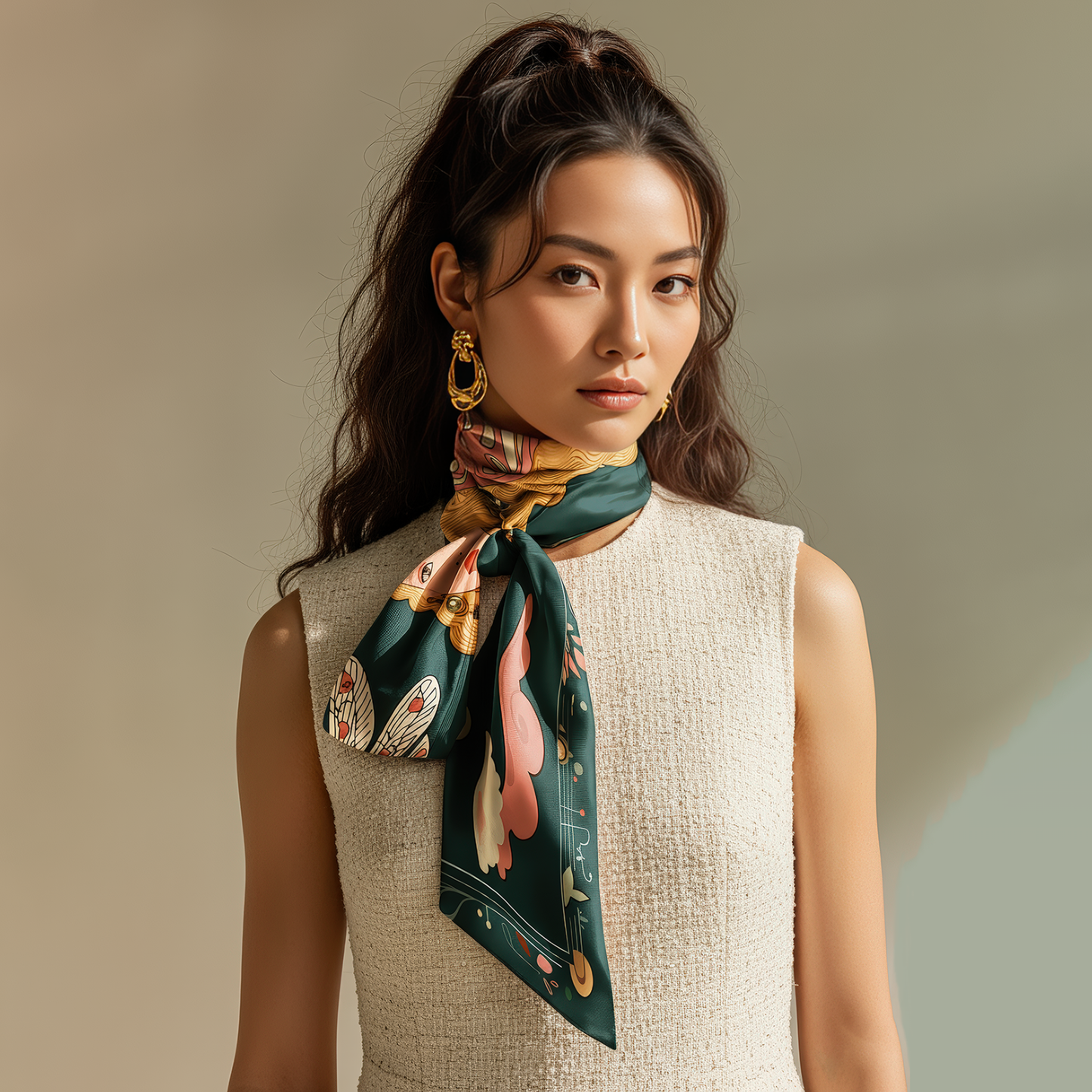 Fashion editorial image featuring 'Royal Prophecy' square silk scarf, merging bohemian elegance with modern luxury styling. designed by NOE MI