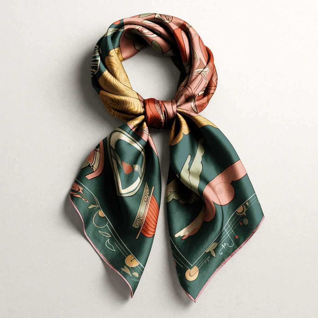 Square silk scarf with bold regal colors, styled around the neck to showcase its flow, softness, and layered story, a luxury fashion accessory by NOE MI.