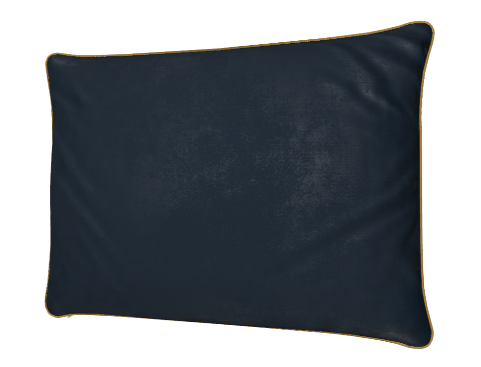 Dark blue rectangular luxury velvet pillow/cushion  with gold trim on a white background