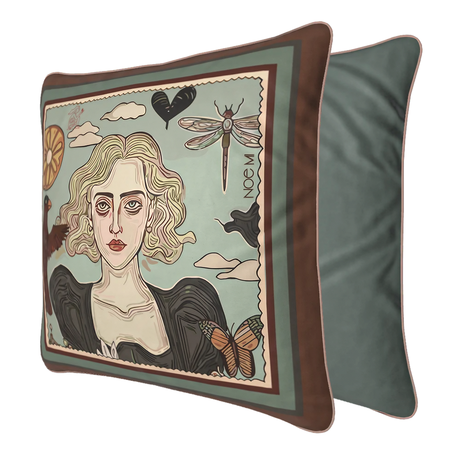 Elegant art pillow printed on velvet, reflecting quiet beauty and introspective emotion by NOE MI.