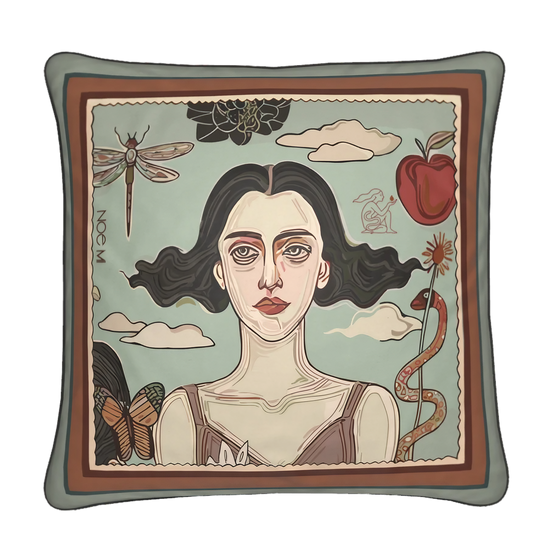 NOE MI square velvet cushion with a close-up of a powerful female face from the Double Flame series