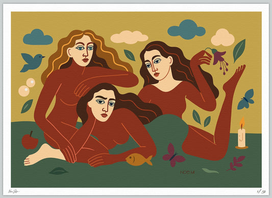 A Limited Edition NOE MI wall art print of yellow three women sitting together with nature elements on a yellow and green background.