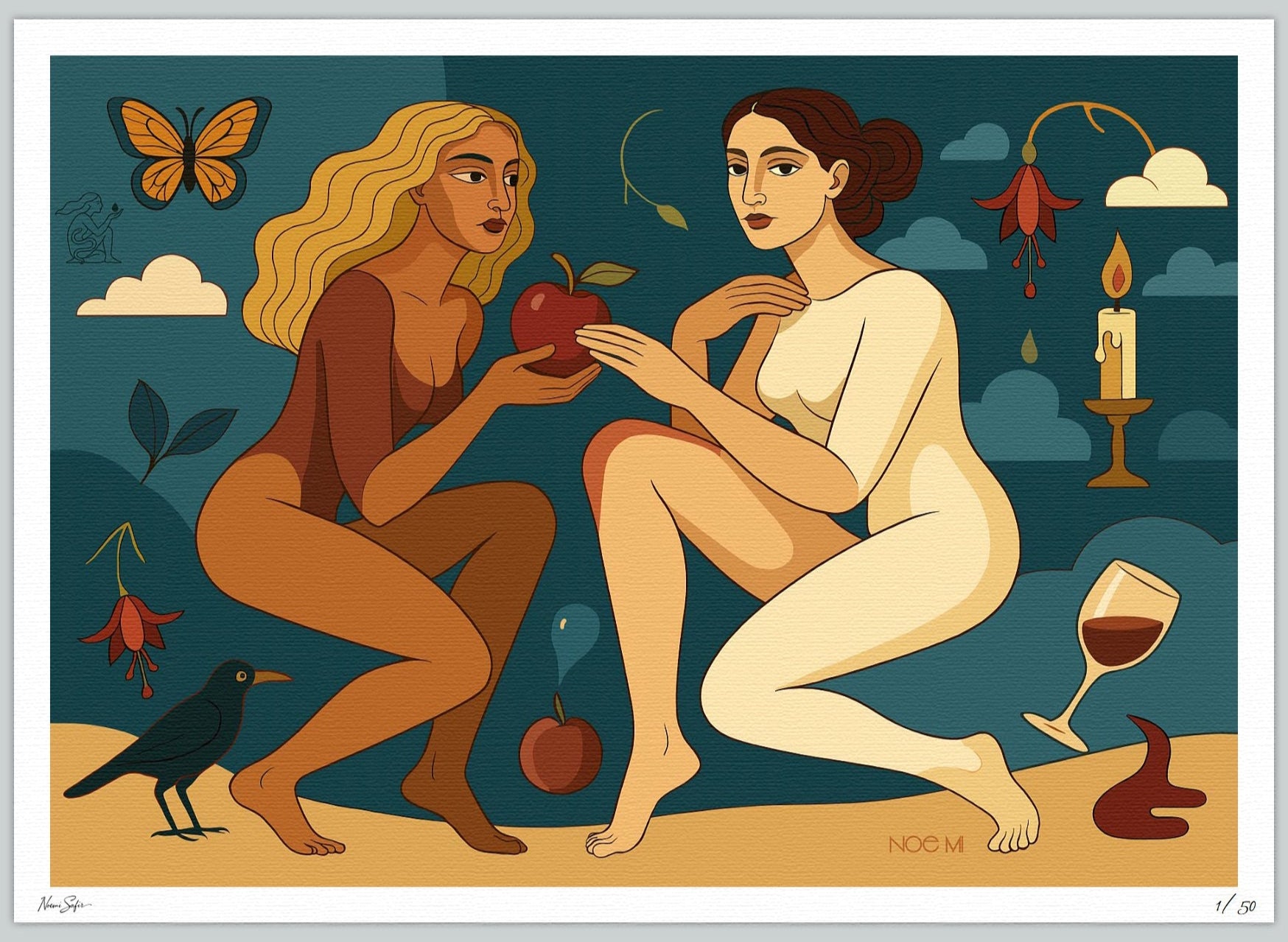 A rectangular Limited Edition NOE MI wall art print of two nude figures with an apple and a glass of wine against a night sky.