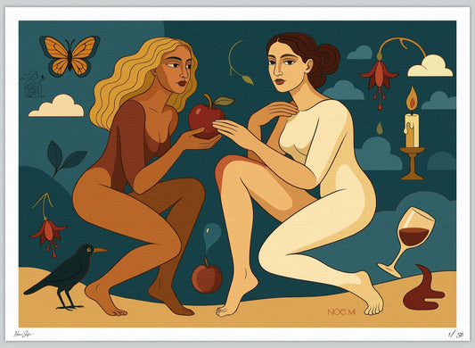 A rectangular Limited Edition NOE MI wall art print of two nude figures with an apple and a glass of wine against a night sky.