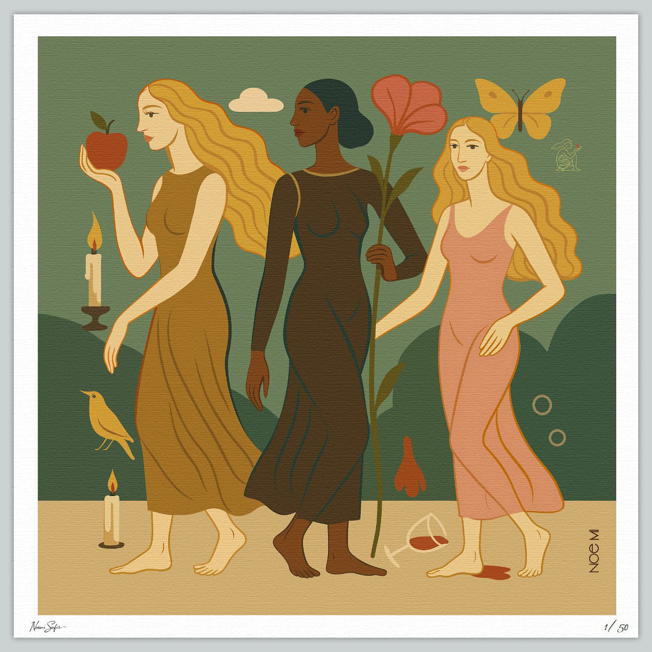 A Limited Edition NOE MI wall art print of Three women holding an apple, a flower, and a butterfly against a green background