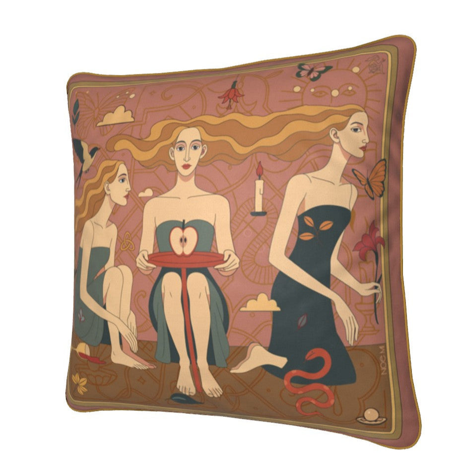 Decorative square art velvet pillow/cushion with artistic design of two women, a candle, and a butterfly on a brown background.