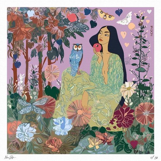 NOE MI fine art print titled 'The Owl Knows', featuring a surreal woman and a symbolic owl in rich jewel tones, printed on archival-quality paper for luxurious home décor.