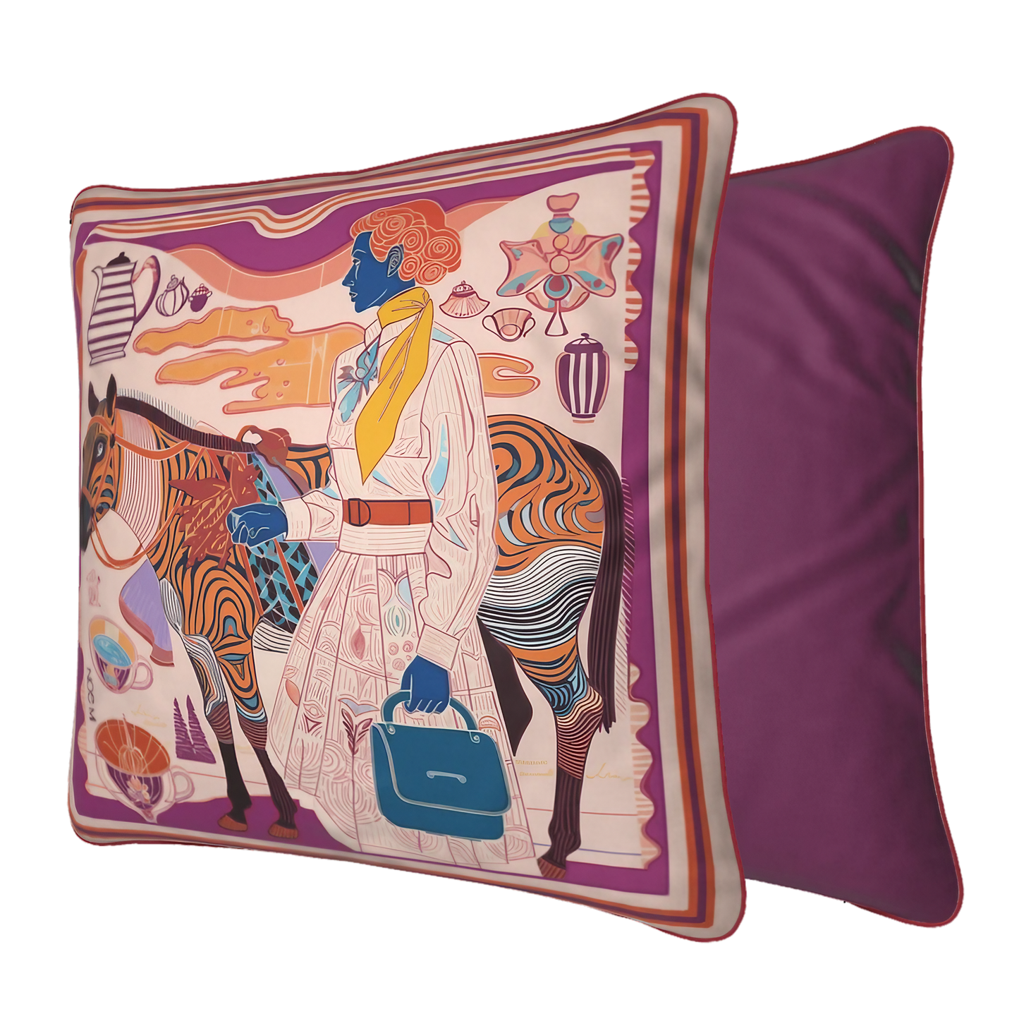 NOE MI designer cushion square format with tropical color palette and stylized horse artwork ideal for modern home decor.
