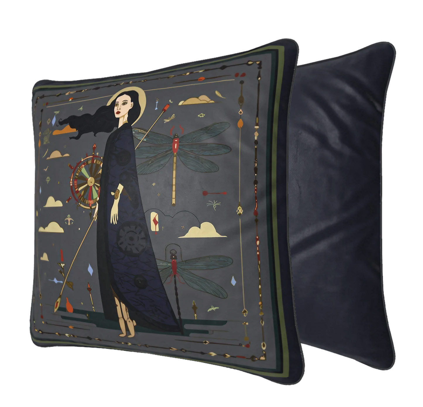 NOE MI designer cushion square format featuring a female figure with symbolic elements in dark color palette for modern home decor.