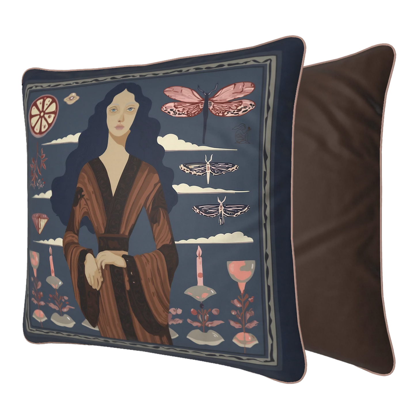 NOE MI designer cushion cover in deep blue tones with elegant figure and botanical motifs for modern interiors