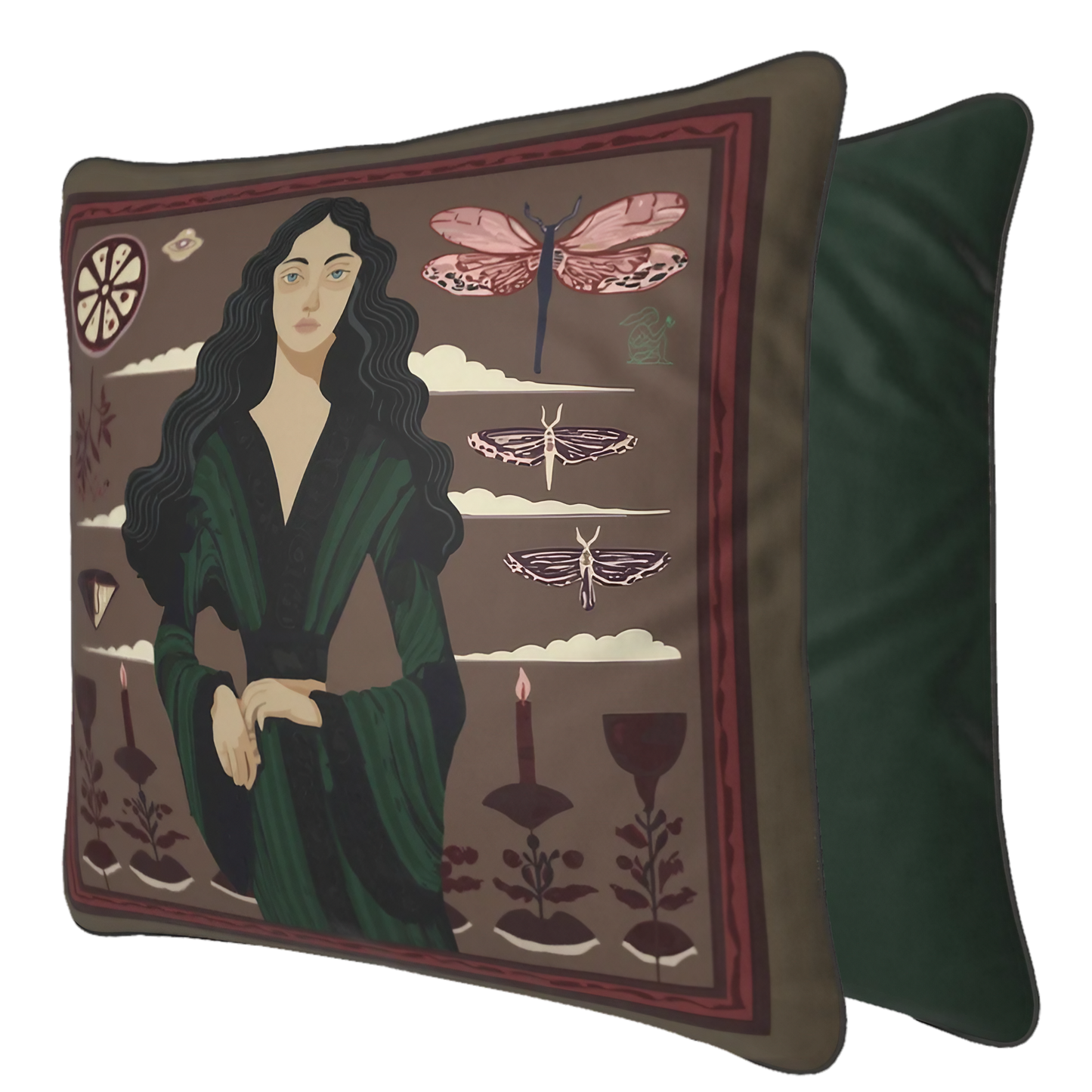 NOE MI designer cushion cover in deep earthy palette with symbolic artwork for modern interiors