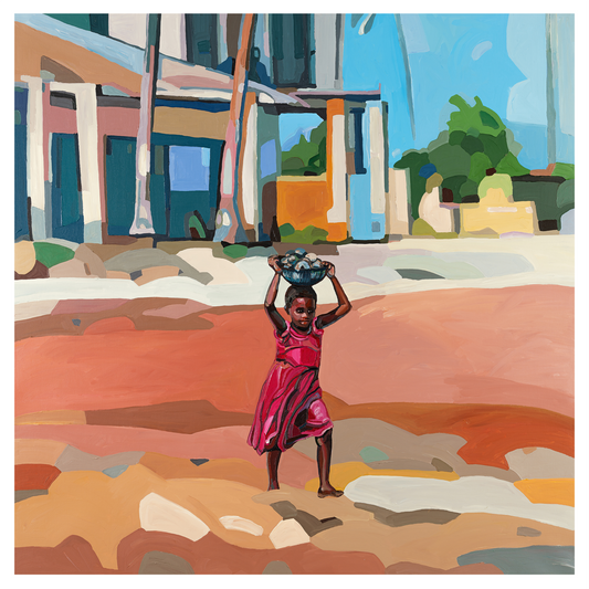 A colorful artwork print by Noemi Safir depicting a person carrying a bowl on their head, standing on a sandy ground with a building and trees in the background.