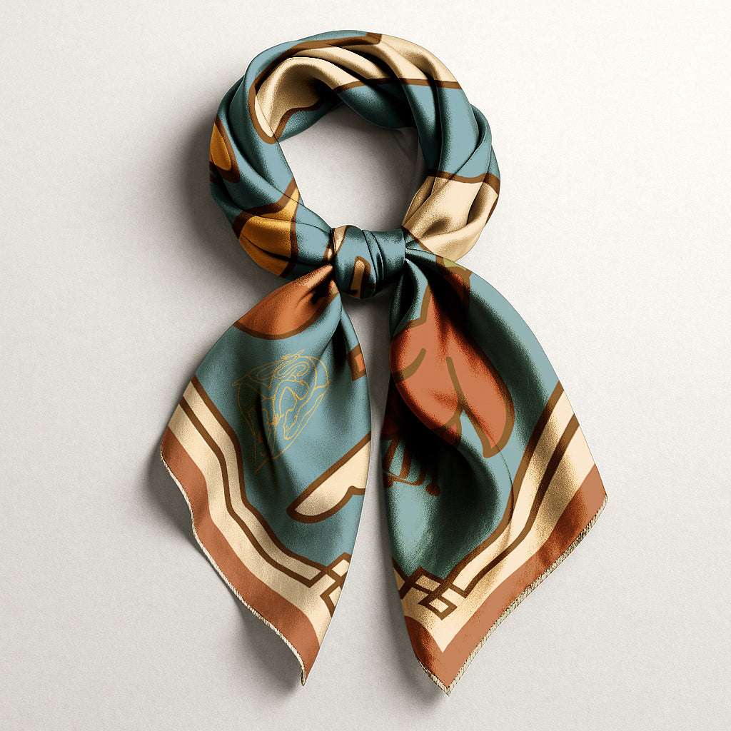 square NOE MI luxury art silk twill scarf in blue and brown
