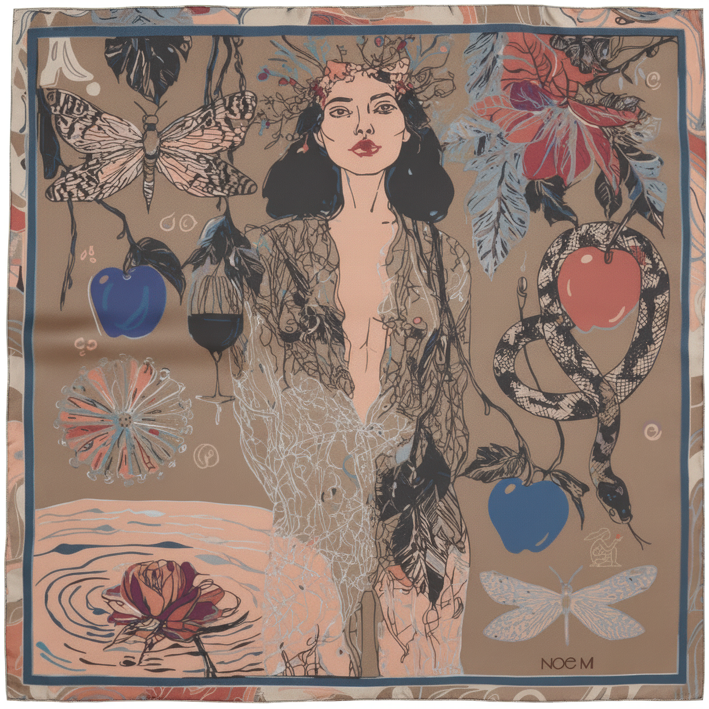 Edgy yet refined men’s silk scarf with surrealistic illustration in black and deep red tones, offering wearable art with masculine elegance