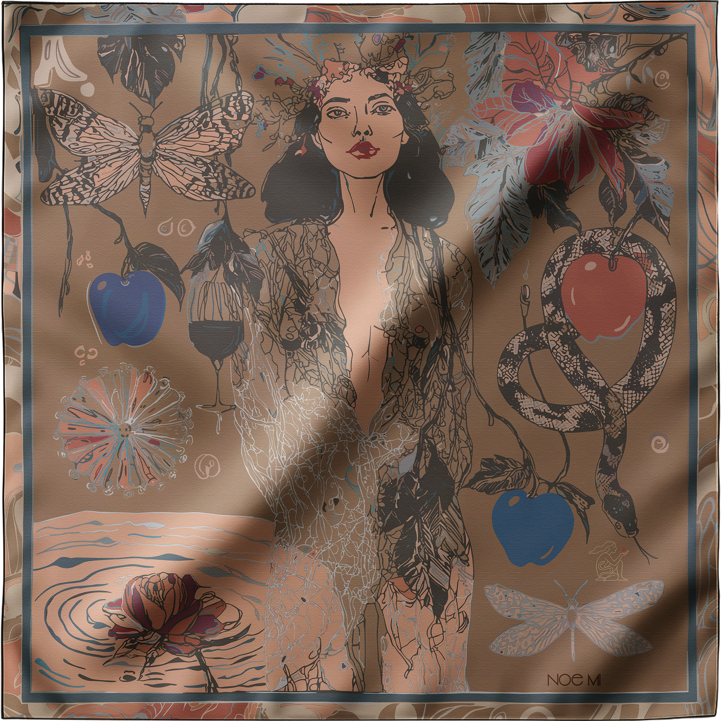 Artistic men’s scarf in black and brown with a surreal motif of temptation and power, crafted from 100% silk twill or soft chiffon