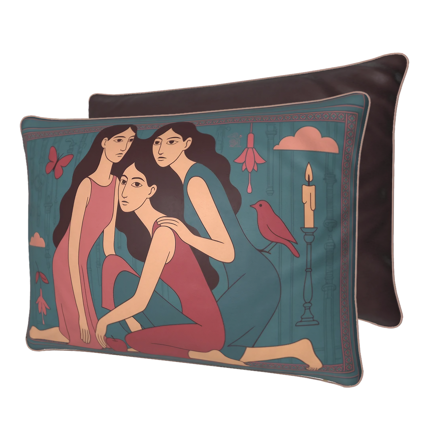Decorative rectangular art velvet pillow/cushion with artistic depiction of three women, a bird, and candle on a teal background.