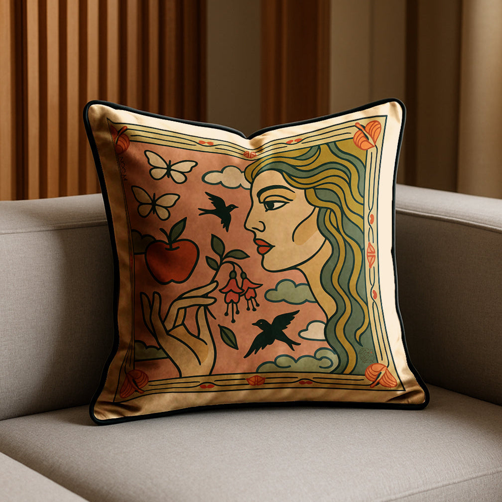 A square-shaped luxury velvet pillow/cushion in pink and gold with a romantic and magical design featuring a woman, apples, and birds in a warm color palette, with an elegant gold zipper.