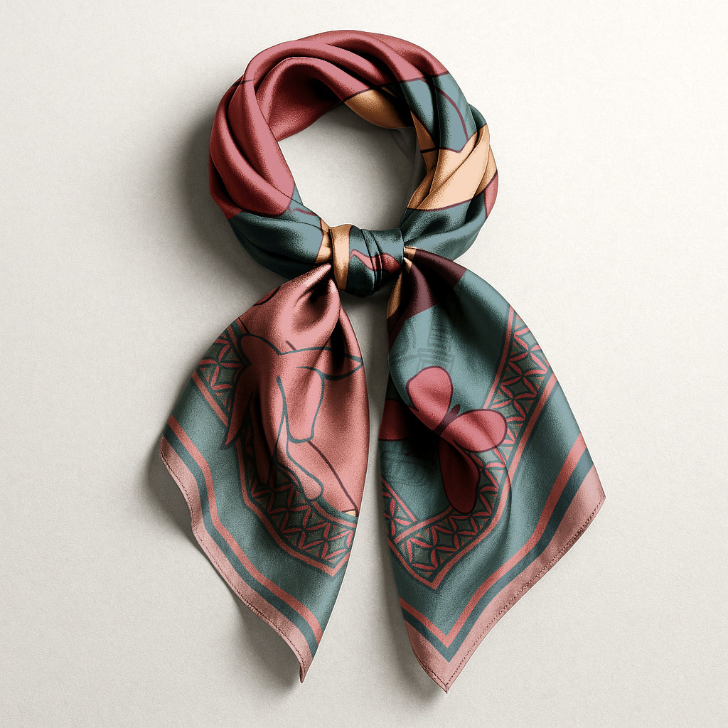 Patterned NOE MI luxury art silk twill scarf with pink and green design on a light background