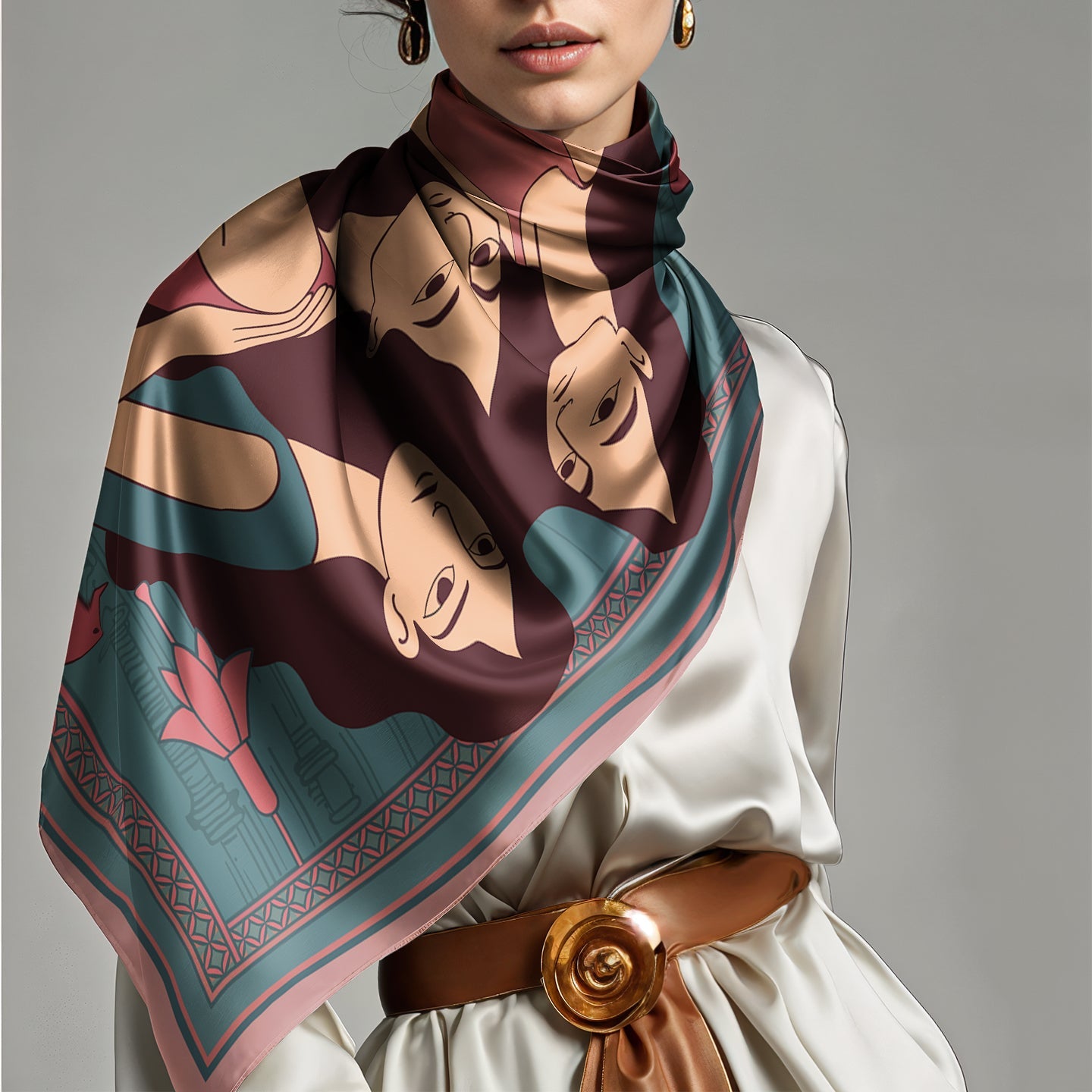 Woman wearing a colorful luxury art silk twill scarf in blue, pink and brown, designed by NOE MI