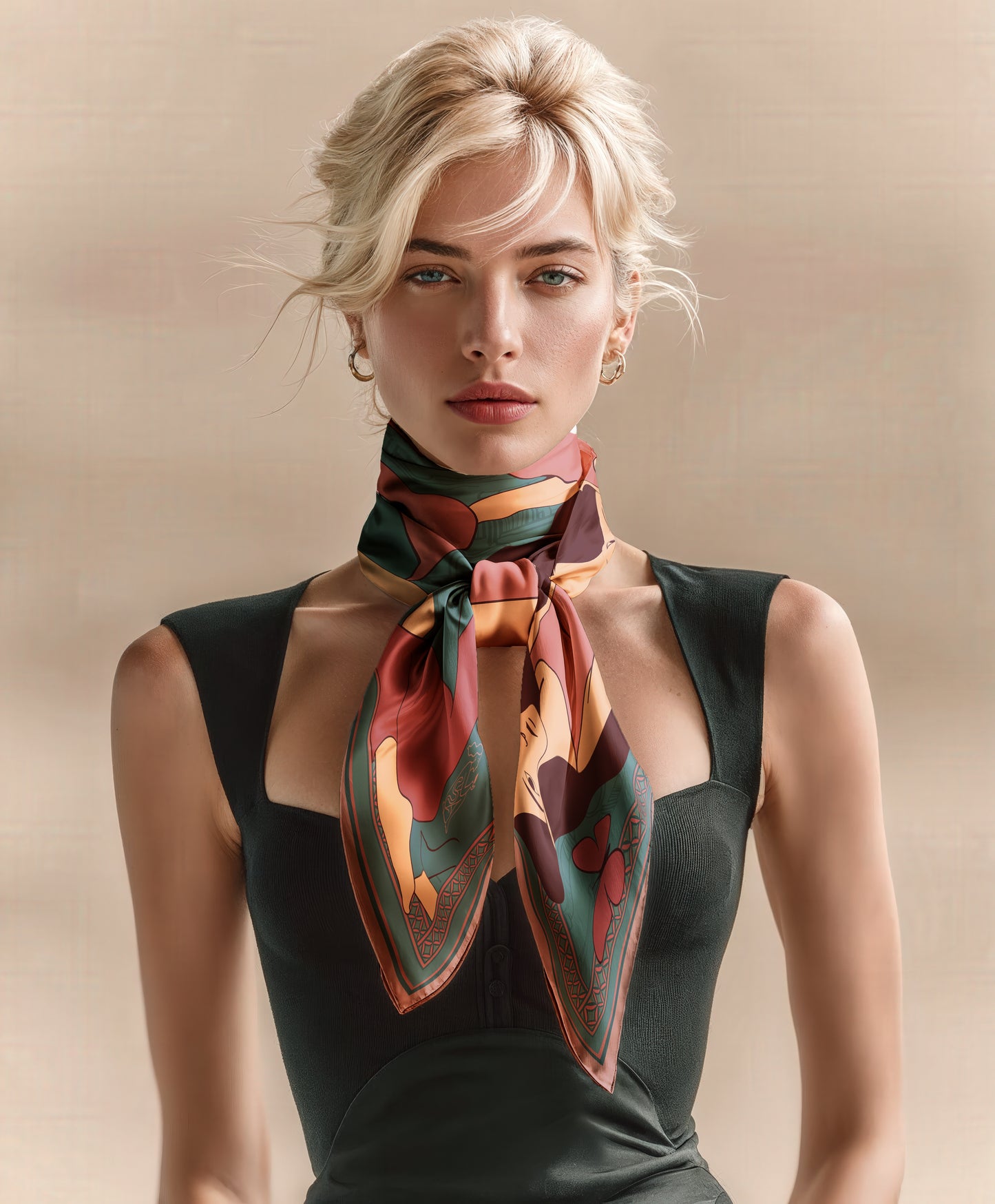 Woman wearing a colorful scarf around her neck against a beige background