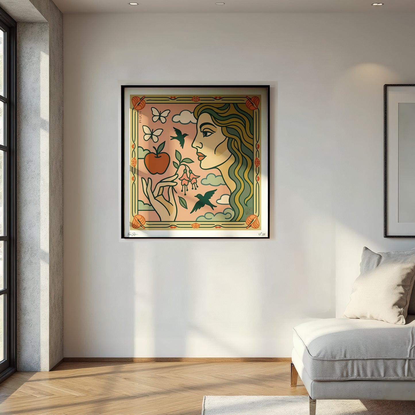 Framed Limited Edition NOE MI wall art print of a woman with butterflies and an apple in a modern living room.
