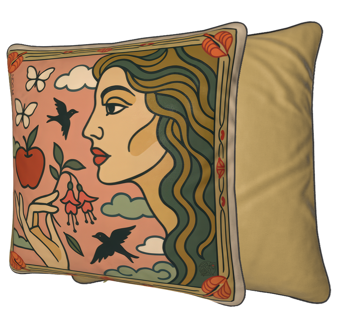 NOE MI velvet pillow, premium square cushion with surreal artwork, luxury decorative piece for homes and collectors worldwide.