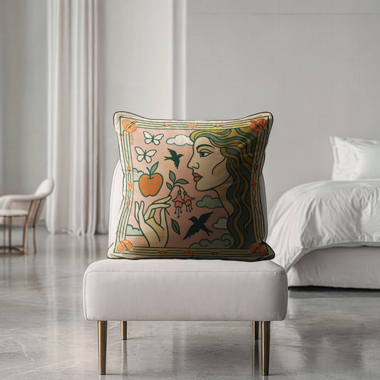 NOE MI decorative velvet cushion, square luxury pillow with detailed artwork, perfect for home décor and global collectors.